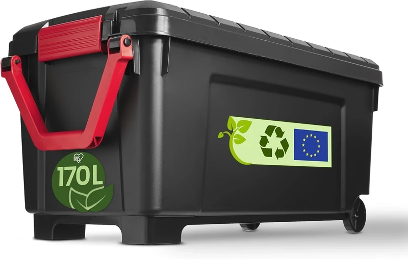 Iris Ohyama, Large plastic storage box, 170L, Garage box, Black, Stackable, Robust snap locks with handles, SIA-1000