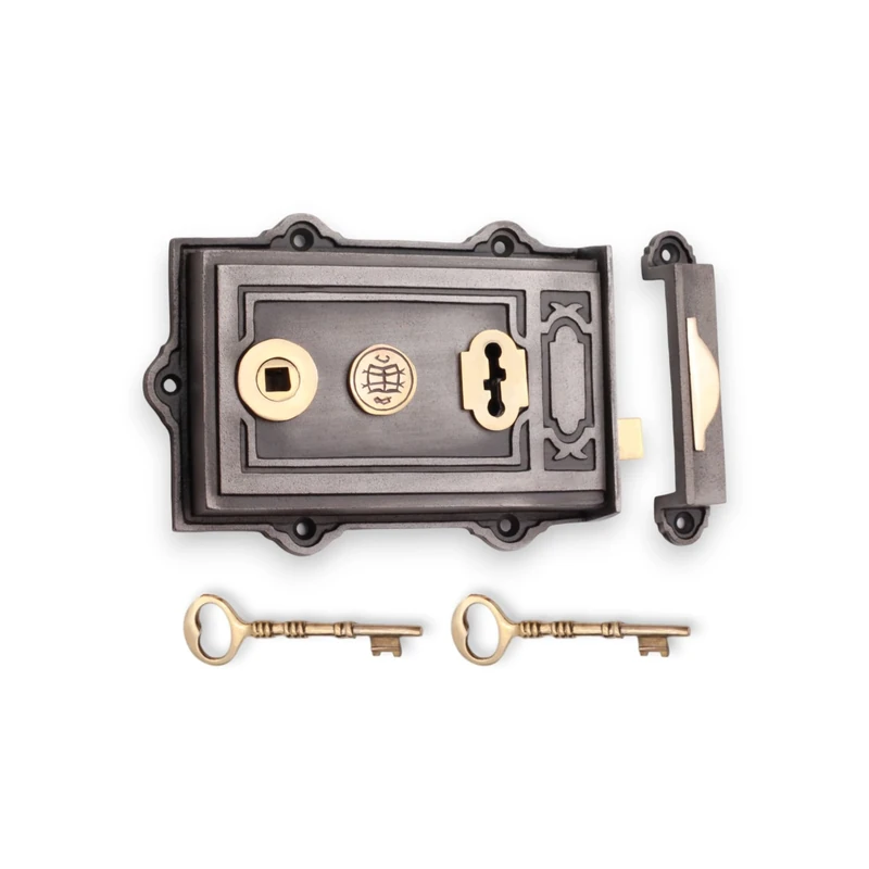 Infinity Decor Victorian Style Davenport Iron Rim Lock Pewter Finish Latch Lock Set for Internal and External Shed Doors Gates