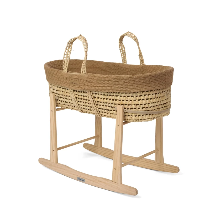 Clair de Lune Organic Knitted Palm Moses Basket with Natural Rocking Stand 75 x 28 cm (Biscuit)
