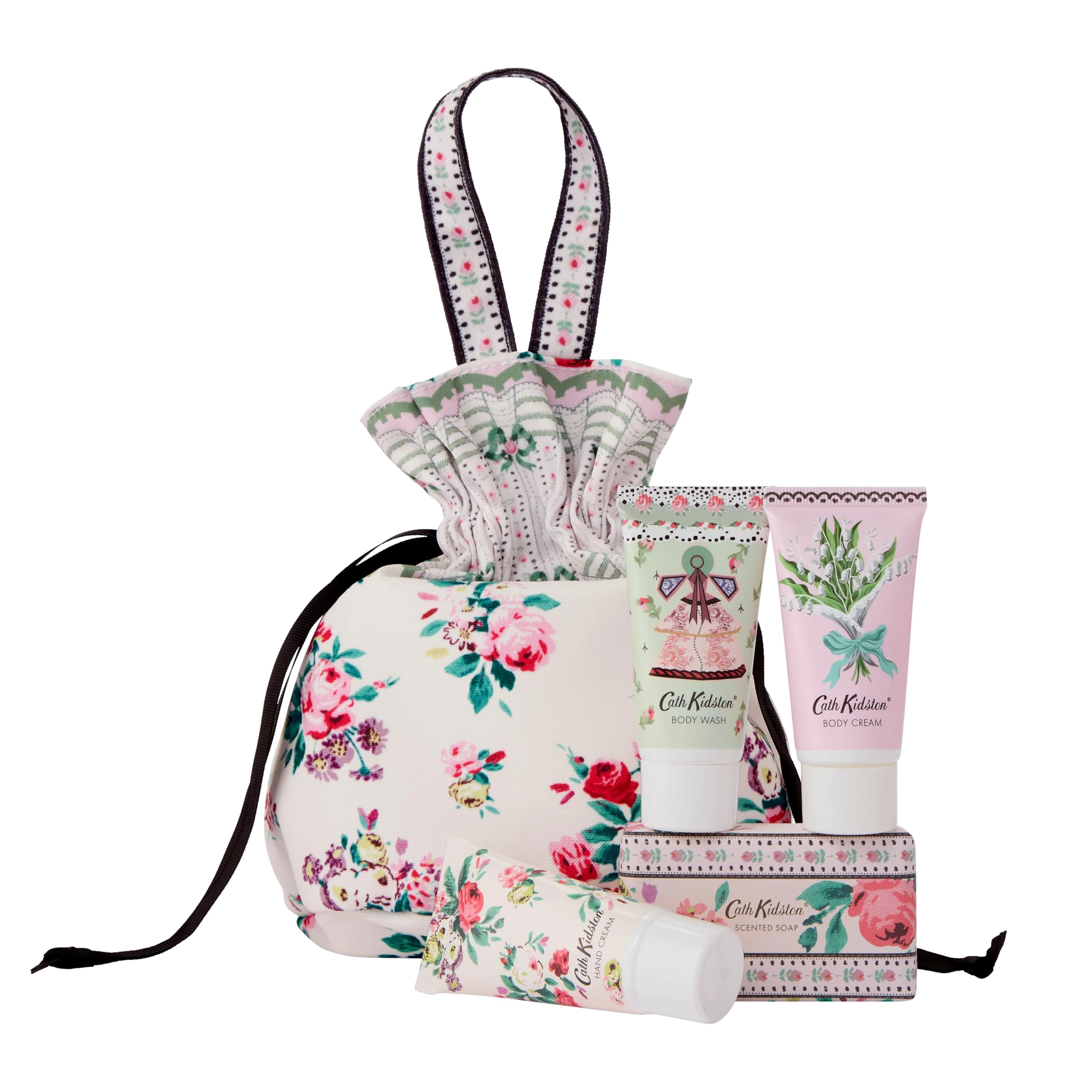 Cath Kidston Hand Cream, Body Cream and Wash 3x 30ml, Scented Soap 100g, Drawstring Bag For Travel Beauty Essentials, She Butter, Gift For Her, Cruelty and Vegan Friendly
