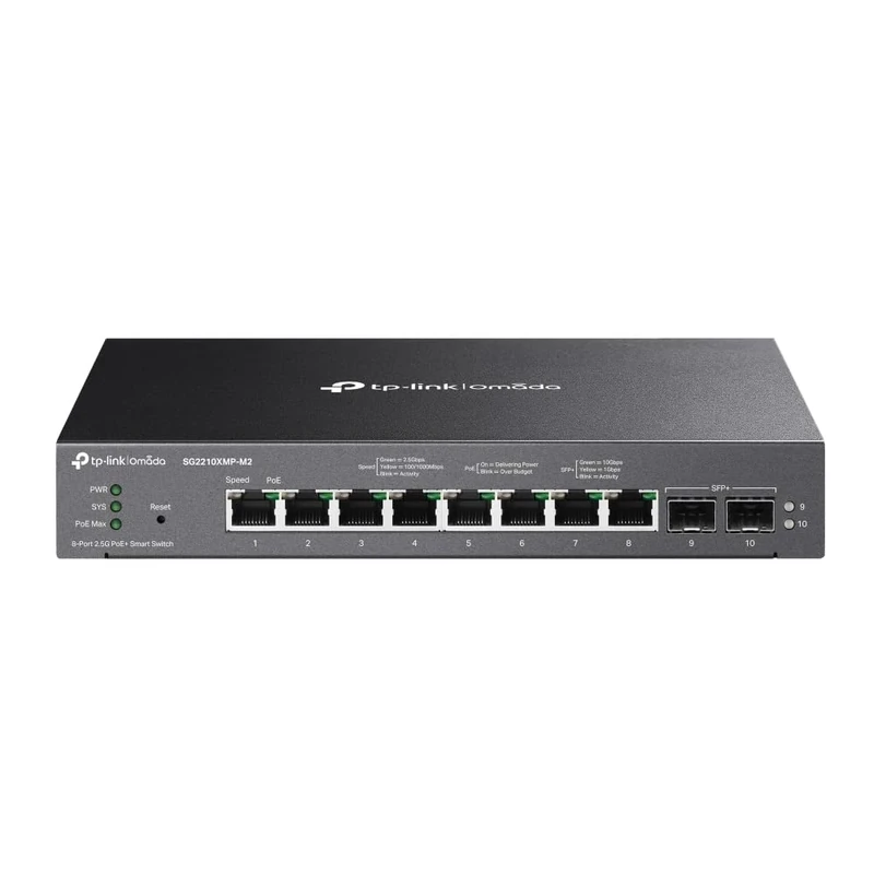 TP-Link SG2210XMP-M2 Smart Managed Switch, 8× 2.5G PoE+ Ports (160W), 2× 10G SFP+ Uplinks, Network PoE Switch, Fanless, Static Routing, Omada SDN, Cloud Management, Ethernet Splitter