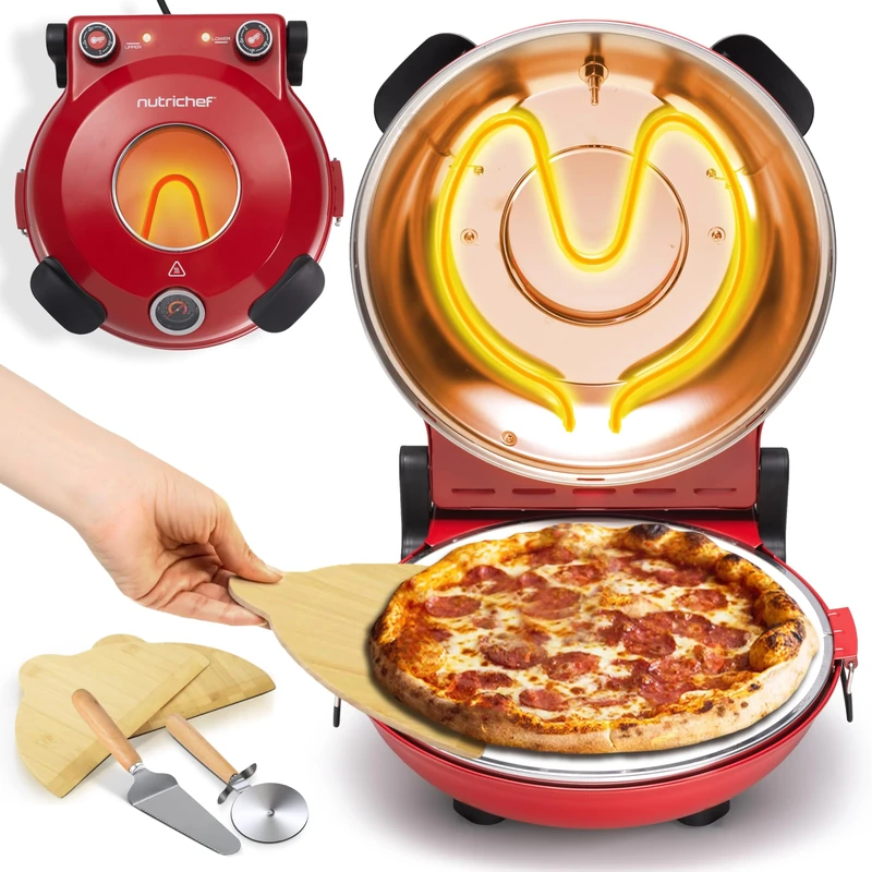 NutriChef Electric Indoor Pizza Oven, 30cm Countertop Cooker with Temp Control, Viewing Window, Non-Stick Stone, Heats to 425°C, Easy Clean Pizza's Maker Machine for Home, Red