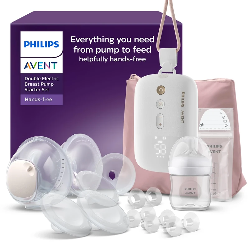 Philips Avent Hands-Free Breast Pump Starter Set, Hospital-Strength Motor, Mimics Baby's Drinking Rhythm, Pumps up to 85 Times per Minute, with Feeding and Storage Products, Model SCD553/11