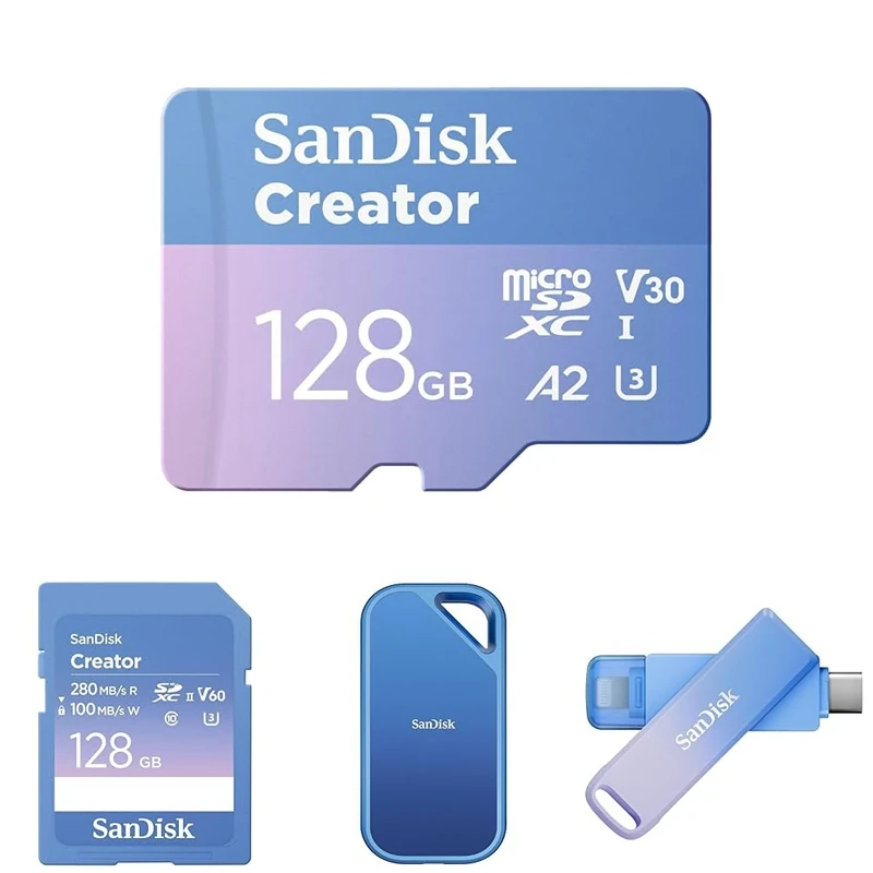 SanDisk Creator Series - 128GB microSD, 256GB USB Type-C Flash Drive, 1TB Pro Portable NVMe SSD