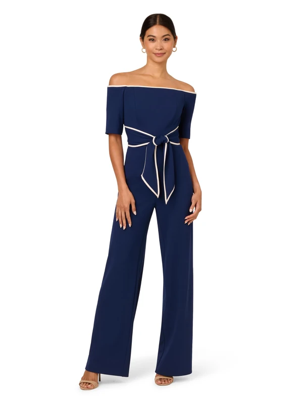 Adrianna Papell Women's Knit Crepe Tie Jumpsuit, Navy Sateen/Ivory, 16 - Image 1