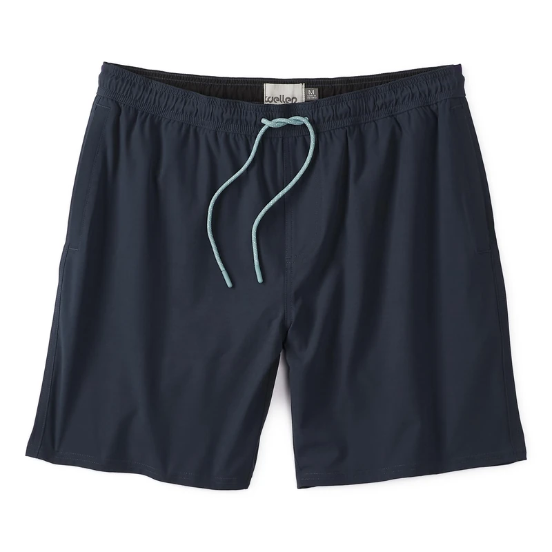 Huckberry Wellen Men's Swim Trunks - Performance Lined Swim Shorts, in 5" or 7" Inseam, Stretchy w/Liner, Elastic Waistband, Solid Dark Navy, M