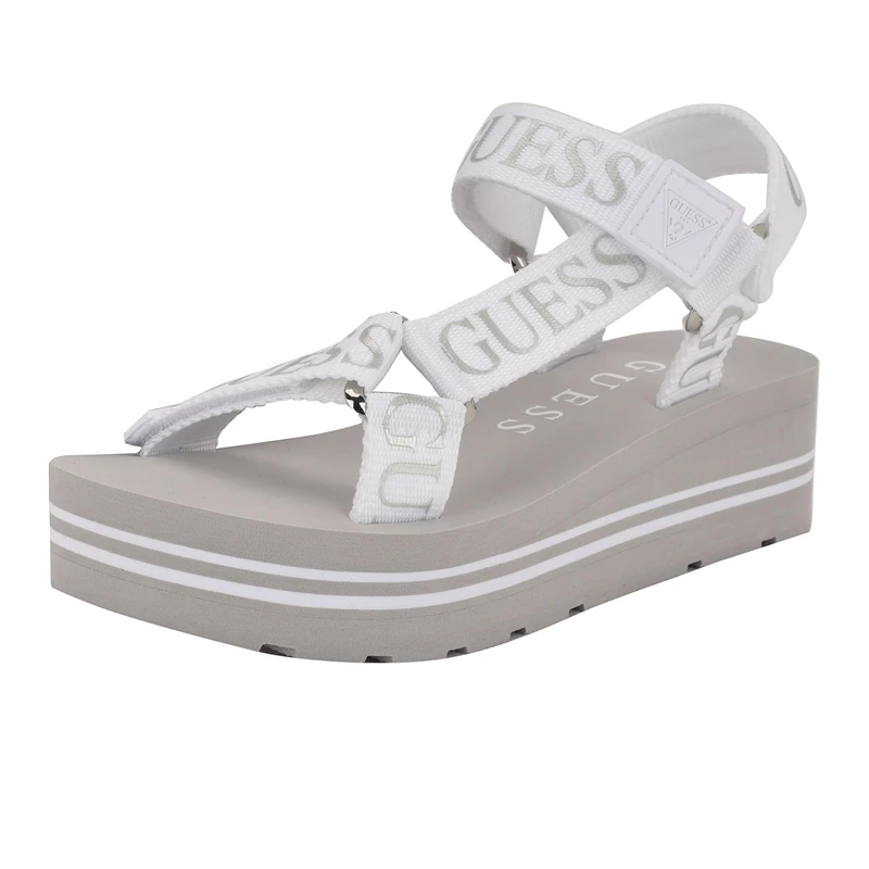 GUESS Women's Avin Wedge Sandal, White/Silver 115, 9