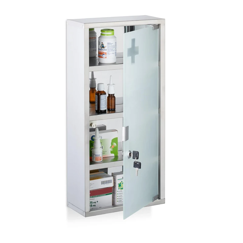 Relaxdays Medicine Cabinet, 4 Shelves, HWD: 57 x 27 x 12 cm, Lockable, First Aid, Stainless Steel, Glass Door, Silver