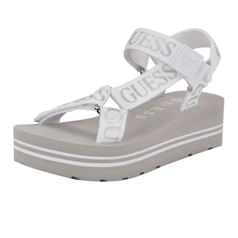 GUESS Women's Avin Wedge Sandal, White/Silver 115, 2 UK