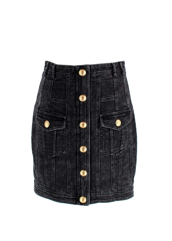 Balmain Pre-Loved Black Denim Skirt with Gold Button Detail
