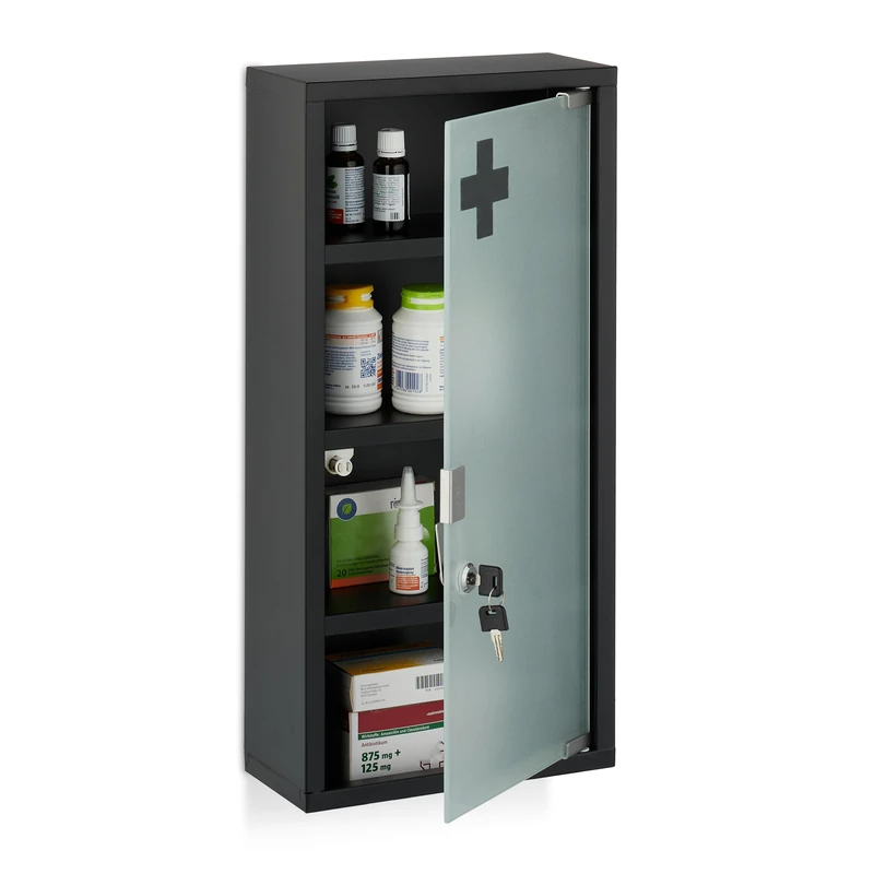 Relaxdays Medicine Cabinet, 4 Shelves, HxWxD: 57 x 27 x 12 cm, Lockable; First Aid Cupboard, Steel, Glass Door, Black