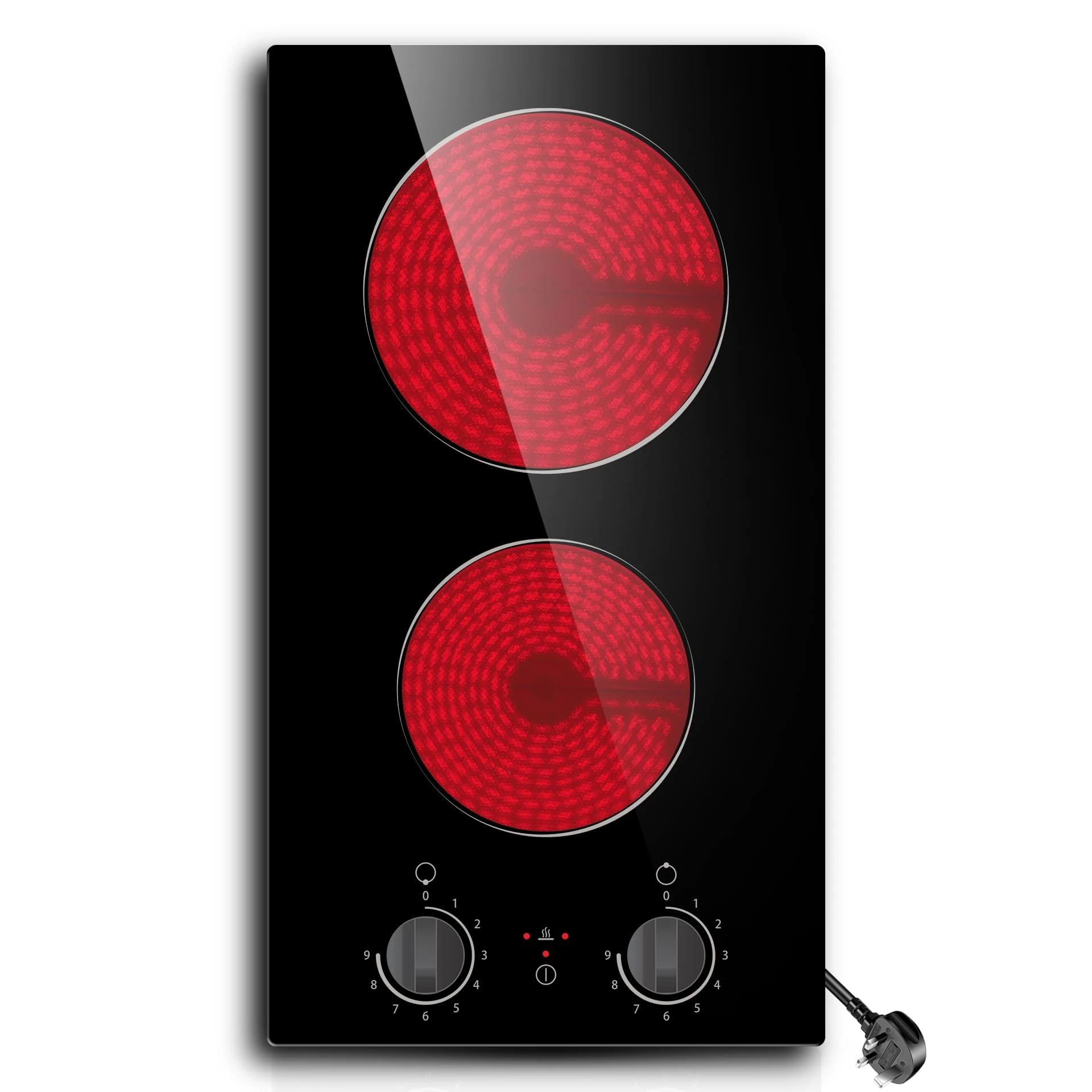 Built-in 2 Ring Ceramic Hob with Knob, STARCHARTS Dual Rings Electric Hob with 13amp plug and play, Easy use, 9 Power Levels, Safety Residual Heat Indicator, Compact size for small kitchen