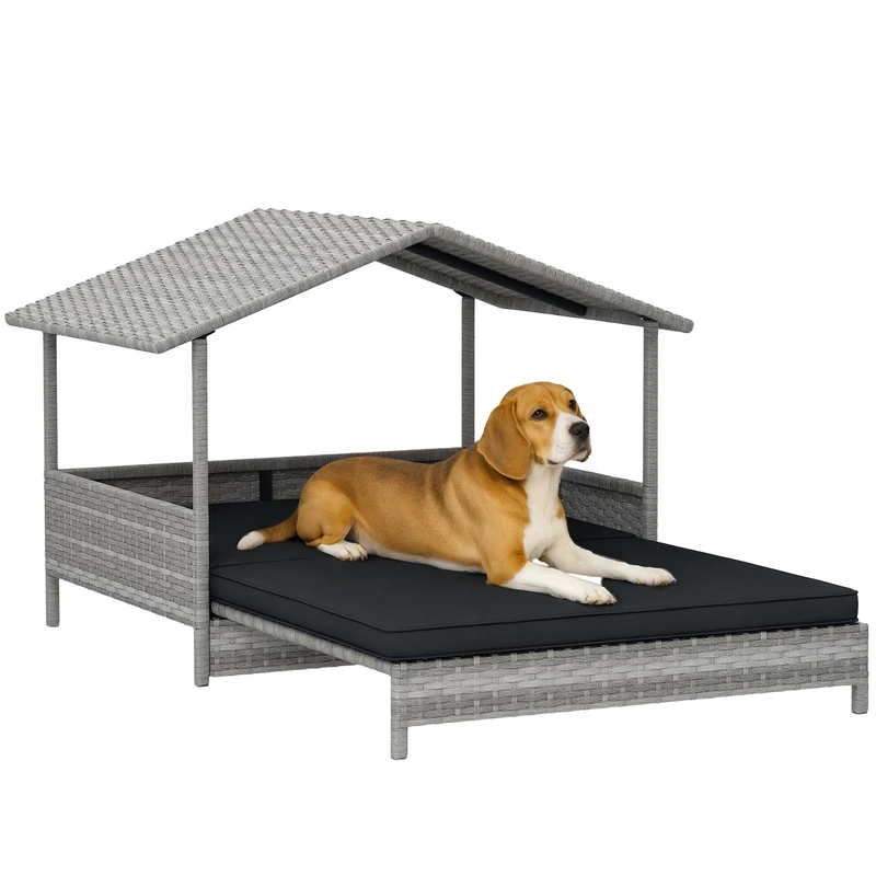 PawHut Rattan Dog House, Extendable Outdoor Wicker Dog Bed w/Water-Resistant Roof, Removable Cushion, for Small and Medium Dogs - Charcoal Grey