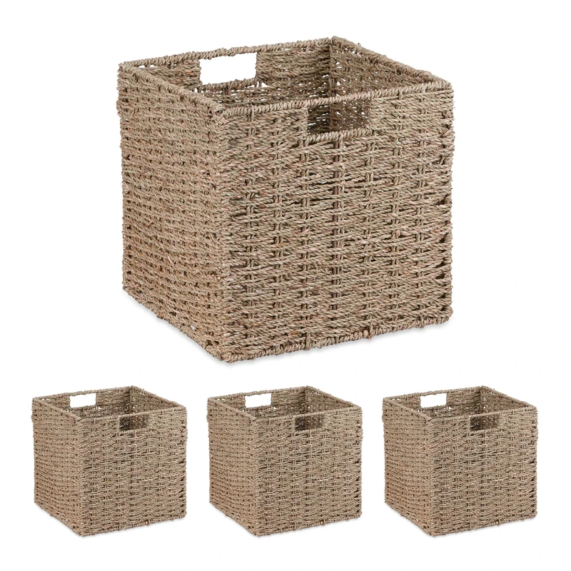 Relaxdays Storage Basket, Set of 4, Seagrass, Woven Design, Organiser for Clothing & Toys, 30x30x30 cm, Cube, Natural