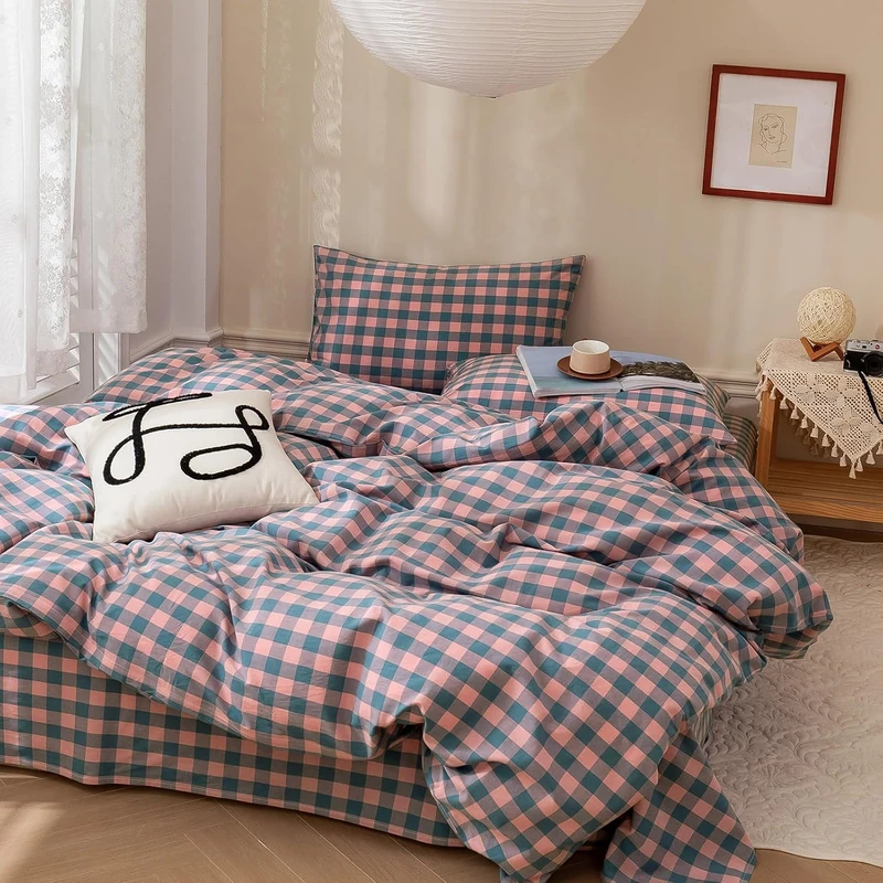 mixinni Plaid Duvet Cover Set Twin Purple - Soft Washed Cotton Modern Geometric Bedding Set with 2 Pillowcases, Pink Blue Gingham Grid Twin Duvet Cover for Men & Women, Soft & Lightweight