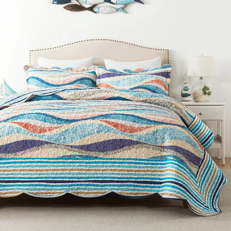 HoneiLife Oversized King Bedspreads 120x120 - Beach Quilt 3 Pieces, Coastal Quilt Sets, California King Quilt, Nautical Bedspreads Ocean Coverlets, Lightweight Bed Cover, Summer Quilts