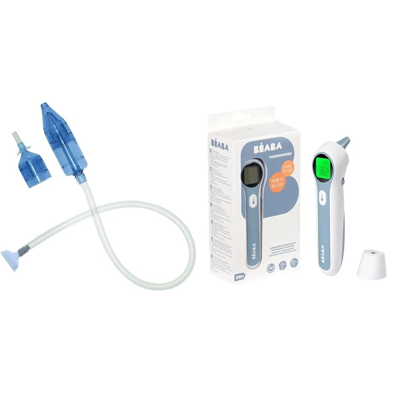 BÉABA, Lot 1 Mouche Bébé et 1 Thermomètre Digital Sans Contact Infrarouge, Aspirateur Nasal Manuel Minidoo et Thermospeed Mesure Frontale, Auriculaire, Ambiante, Alerte Fièvre