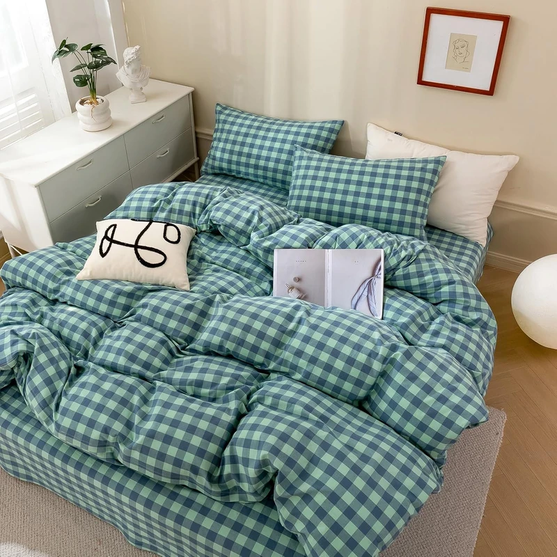 mixinni Twin Green Gingham Duvet Cover - 100% Washed Cotton
