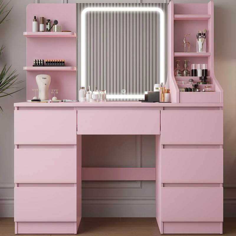 TRIUMPHKEY Dressing Table, Vanity Desk with LED Mirror(Pink)
