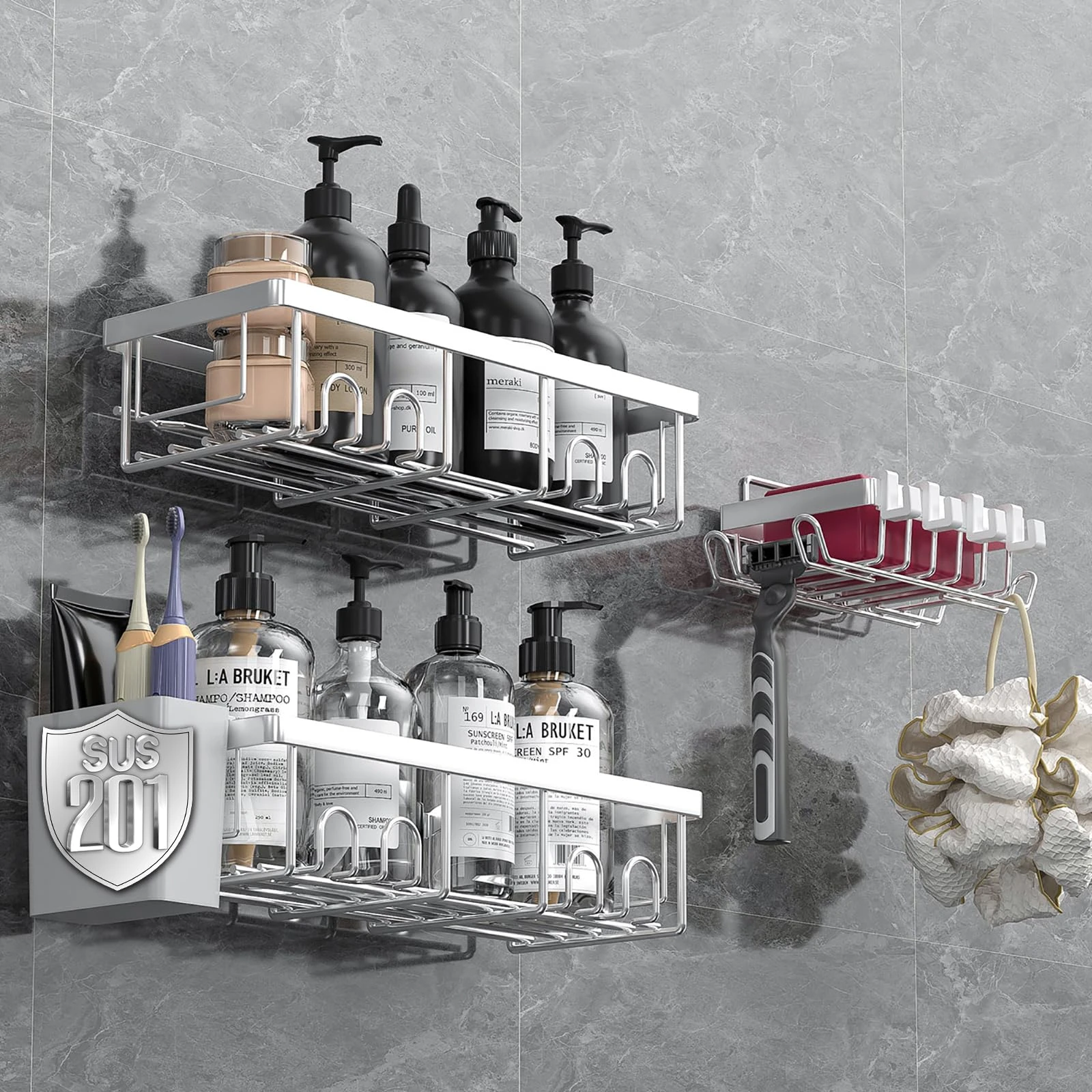 AceMining Shower Caddy, 3 Pack Silver Shower Storage Organiser with Hooks, Adhesives Bathroom Caddy No Drill, Bathroom Wall Storage Accessories