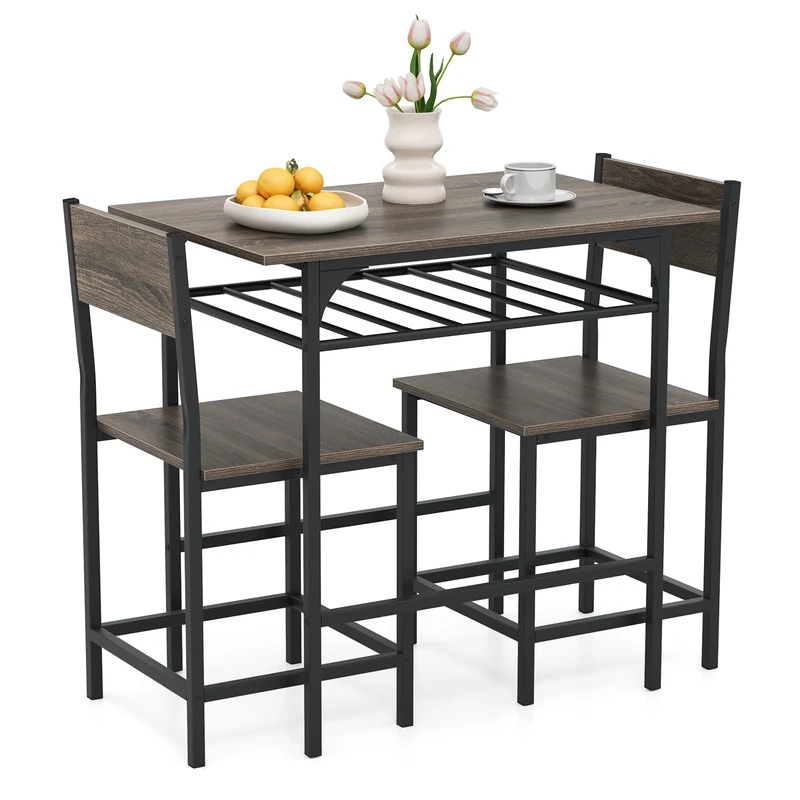 GiantexUK 3PCS Dining Table Set, Wooden Dining Table and Chairs with Storage Rack & Convenient Footrests, Space Saving Kitchen Furniture Set for Living Room Restaurant Bistro (Grey)