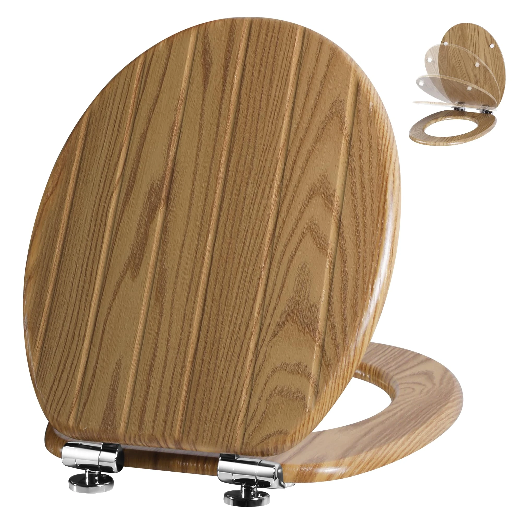 Angel Shield Wooden Toilet Seat Antibacterial Adjustable Hinges Toilet Seat Fits Never Slips for Bathroom with Soft Close and Quick Release for Easy Clean and Assembly (Soft Close, Striped Oak)