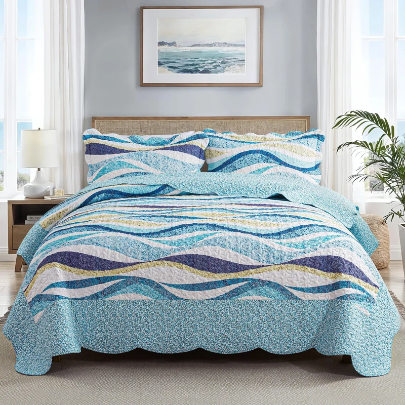 HoneiLife California King Quilt 120x120 - Beach Quilt 3 Pieces, Coastal Quilt Sets, Oversized King Bedspreads, Nautical Bedspreads Ocean Coverlets, Lightweight Bed Cover, Summer Quilts