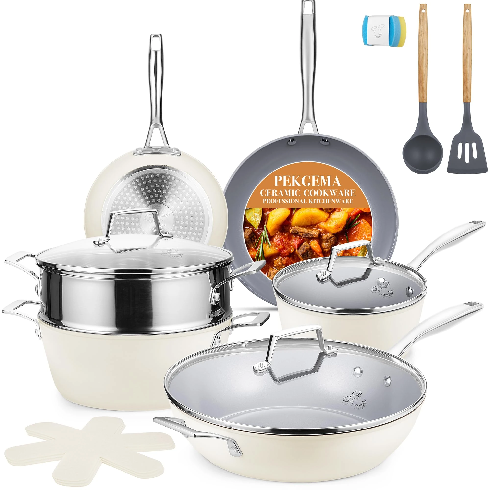 PekGema Ceramic Pots and Pans Set, 16 Pcs Cookware Set Nonstick, Non Toxic, Oven Safe, Induction Cookware, Cooking Set with Steamer, PPG Ceramic PFAS PTFE PFOA FREE, White