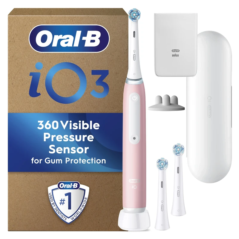 Oral-B iO3 Blush Pink Electric Toothbrush + Oral-B iO Ultimate Clean White Toothbrush Heads x 3