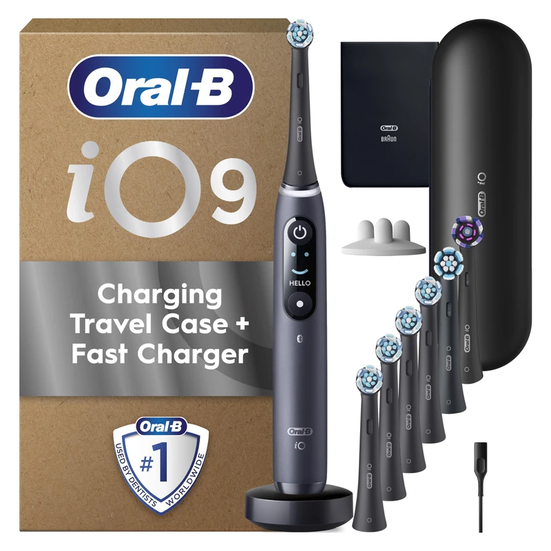 Oral-B iO9 Black Onyx Electric Toothbrush + Oral-B iO Assorted Black Toothbrush Heads x 7