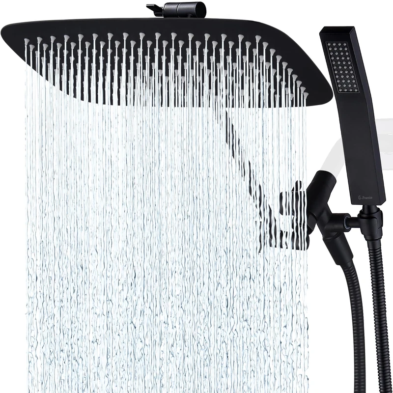 G-Promise All Metal Shower Head with Hose, Square Rain Shower Head with Handheld Shower Head Combo, 71" Extra Long Shower Hose, 3-Way Diverter, Height-Adjustable Extension Arm (Matte Black, 14")