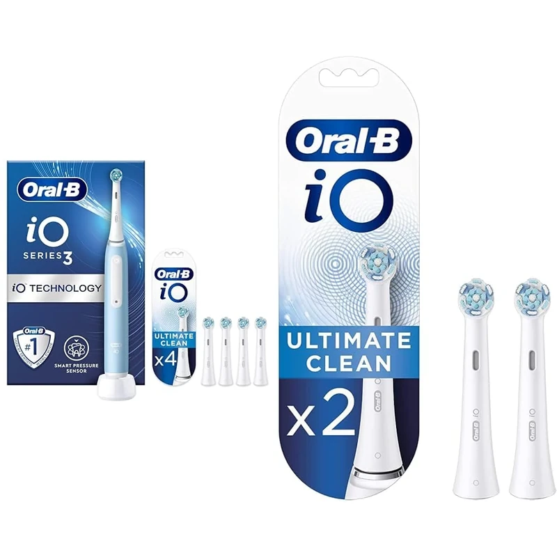 Oral-B iO3 Ice Blue + 4 Extra Ultimate Clean White Refills SIOC+Oral-B iO Ultimate Clean White Toothbrush Heads 2 Pack