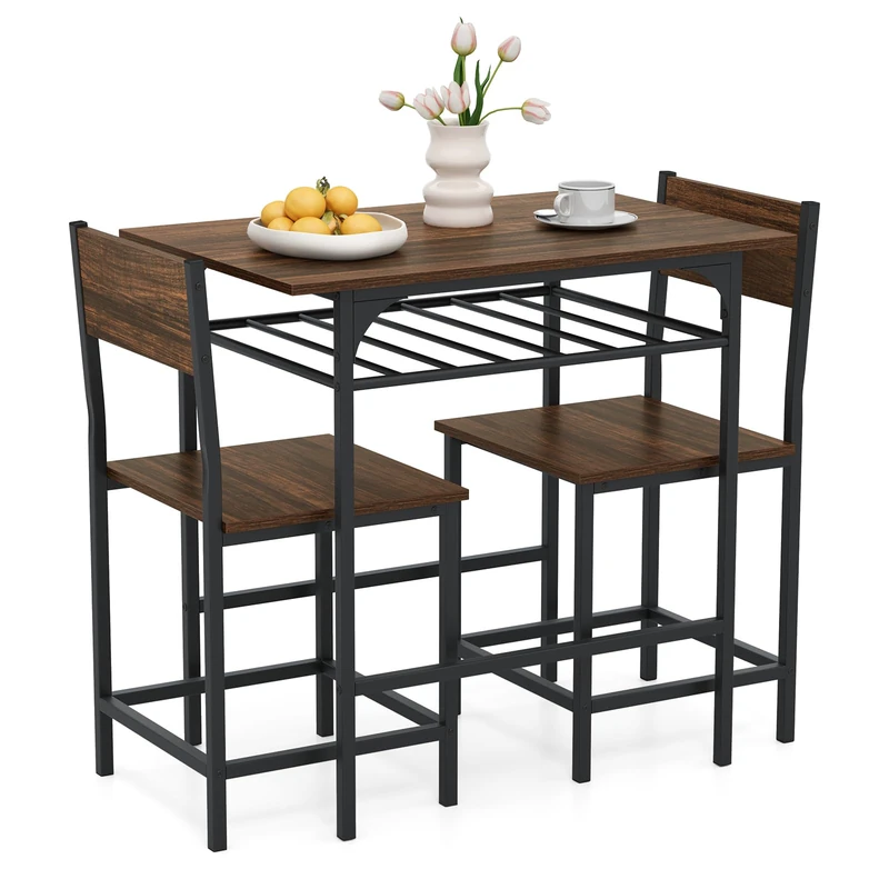 GiantexUK 3PCS Dining Table Set, Wooden Dining Table and Chairs with Storage Rack & Convenient Footrests, Space Saving Kitchen Furniture Set for Living Room Restaurant Bistro (Rustic Brown)