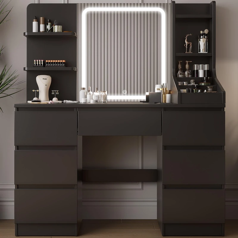 TRIUMPHKEY Dressing Table, Vanity Desk with LED Mirror, Adjustable Brightness, Modern Vanity Table with 7 Drawers, 4 Shelves and 3 Open Compartments for Bedroom, 110x40x139cm (Black)