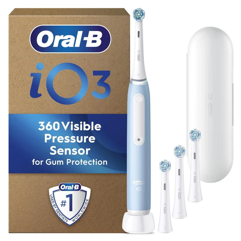 Oral-B iO3 Ice Blue Electric Toothbrush + Oral-B iO Ultimate Clean White Toothbrush Heads x 4