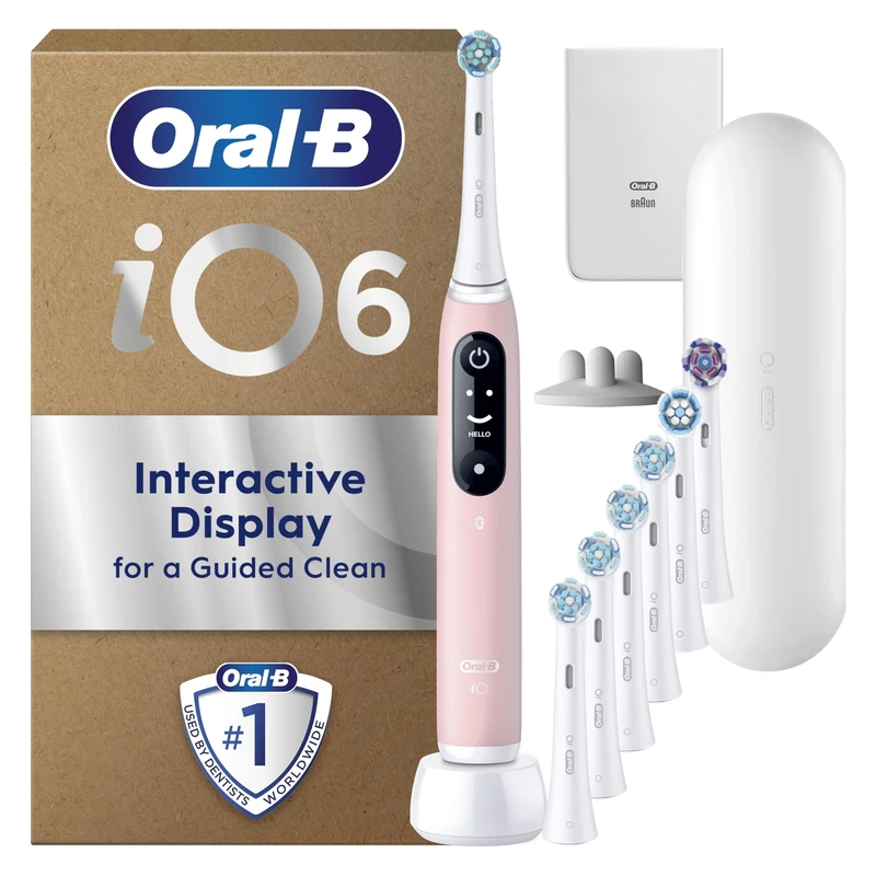 Oral-B iO6 Pink Sand Electric Toothbrush + Oral-B iO Assorted White Toothbrush Heads x 7