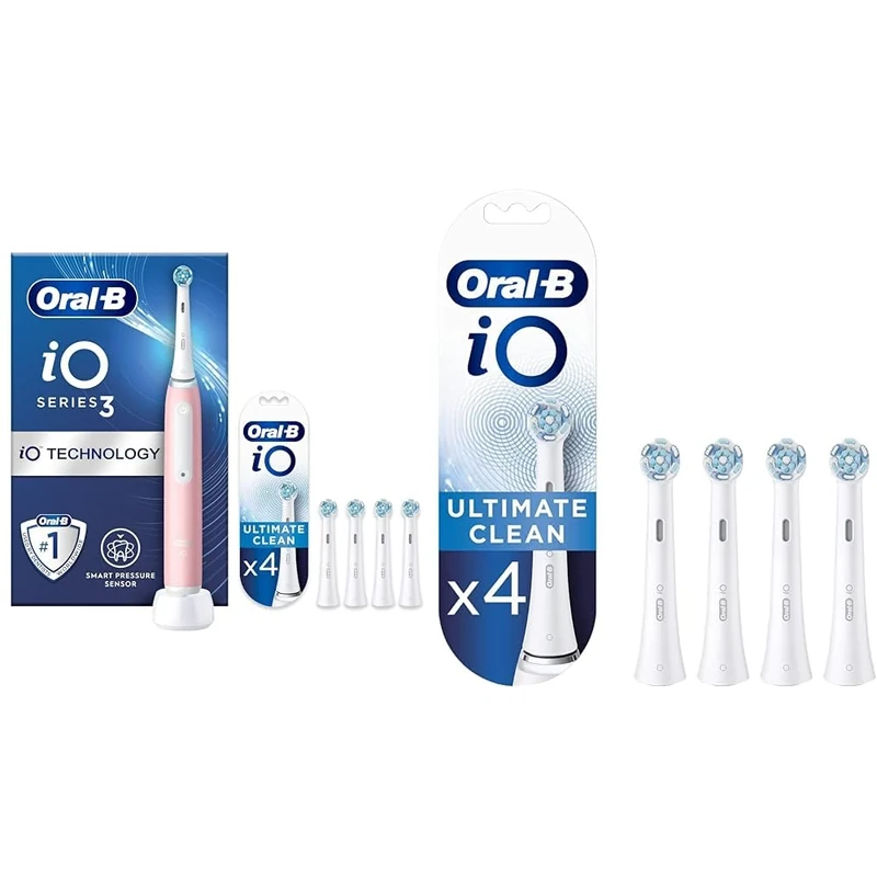 Oral-B iO3 Blush Pink + 4 Extra Ultimate Clean White Refills SIOC+Oral-B iO Ultimate Clean White Toothbrush Heads 4 Pack