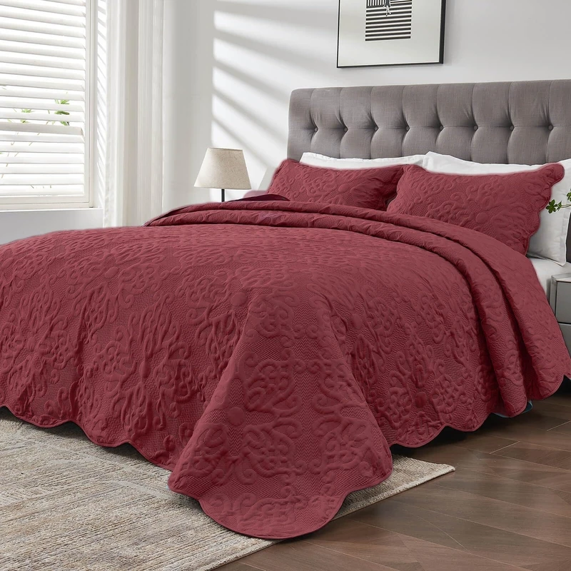 Kingnex Oversized King Bedspreads 128x120 Extra Wide Quilt for Tall Bed Lightweight 3 Piece Quilted Coverlet Pillow Shams Set Burgundy