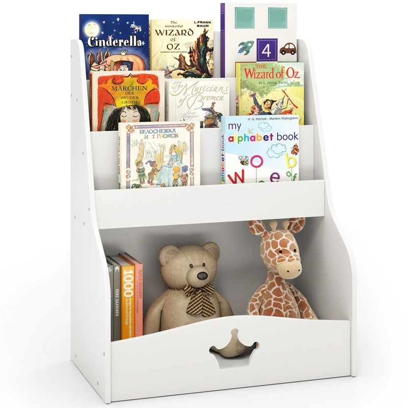 GYMAX 4-Tier Kids Bookcase, Wooden Children Bookshelf with 3 Shelves and Open Compartment, Toy Storage Organizer for Playroom Bedroom Nursery (White)
