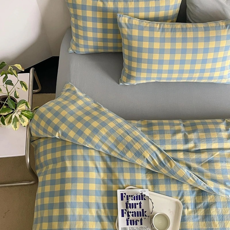 mixinni Plaid Duvet Cover Set Twin Yellow - Soft Washed Cotton Modern Geometric Bedding Set with 2 Pillowcases, Blue Green Gingham Grid Twin Duvet Cover for Men & Women, Soft & Lightweight
