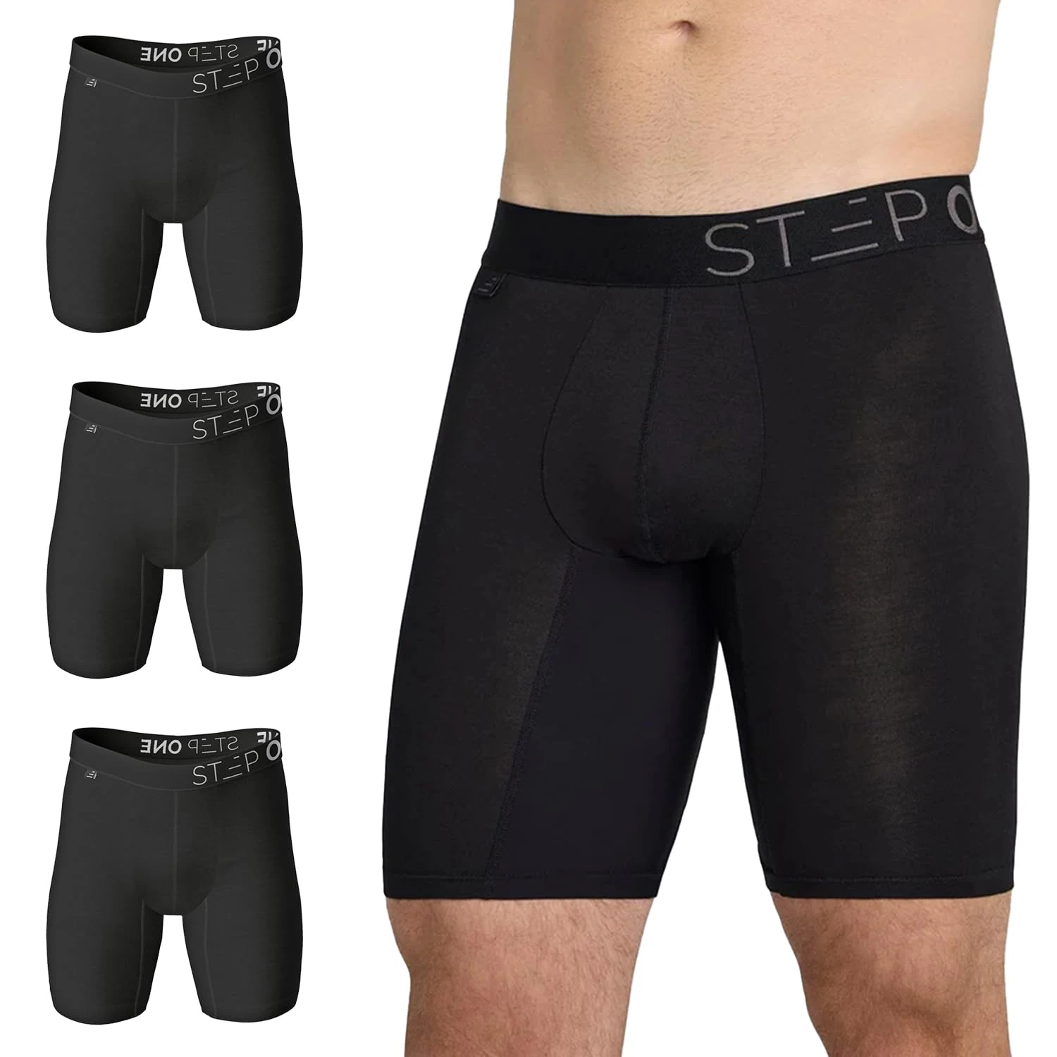 STEP ONE 3-Pack Boxer Briefs Sport. Longer Length Mens Boxers Shorts with 3D Pouch, Anti Chafing Underwear Mens, Breathable Bamboo, All-Day Comfort for Sports & Fitness Black Large