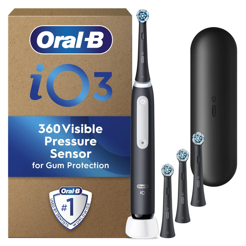 Oral-B iO3 Matt Black Electric Toothbrush + Oral-B iO Ultimate Clean Black Toothbrush Heads x 4