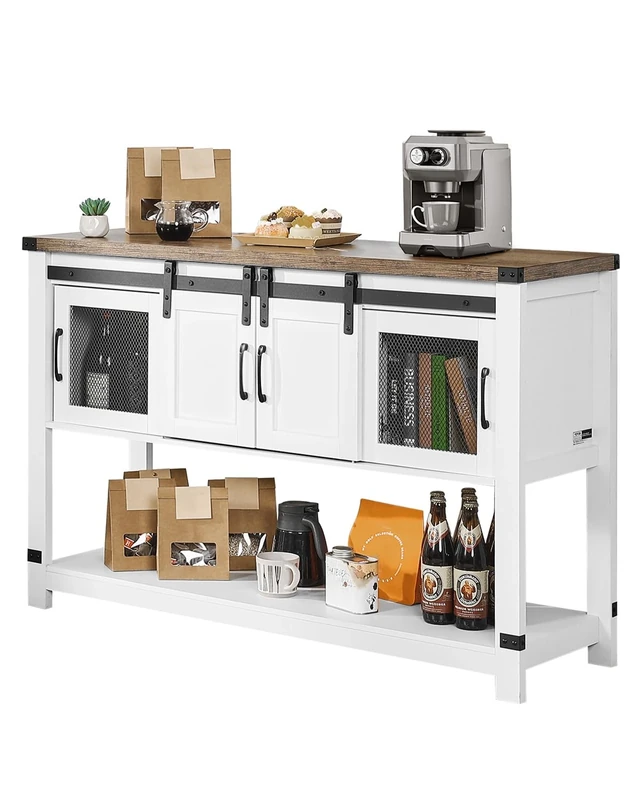 VEVOR Coffee Bar Cabinet, 47.3 x 15.7 x 32.7 in Farmhouse Coffee Bar Cabinet with 4-Tier Storage, Table with Barn Doors, Farmhouse Sideboard Buffet for Living Room, Entryway