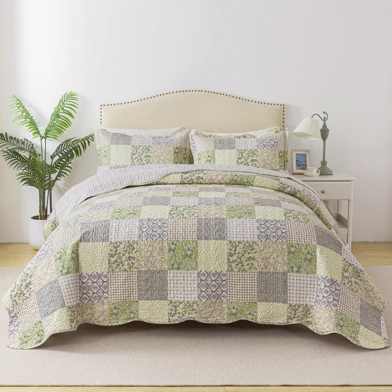 HoneiLife Queen Quilt Bedding Sets - Rustic Quilts 3-Piece 90x96, Microfiber Reversible Bedspreads Patchwork Coverlet Floral Bedding Set All Season Use