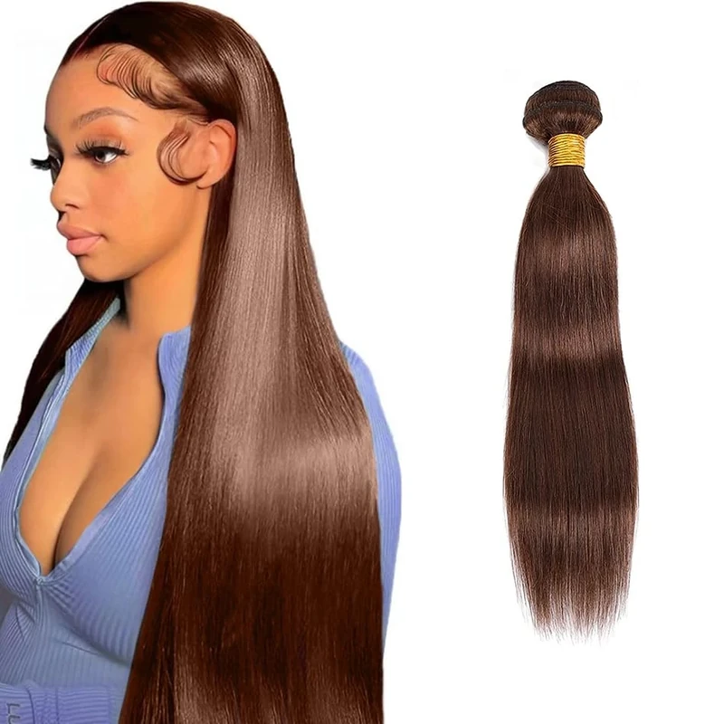 Zeslaerr #4 Chocolate Brown Bundles Human Hair Dark Brown Straight 1 Bundle Total 100g 32 Inch Unprocessed Glueless Double Weft Weave Human Hair Extension