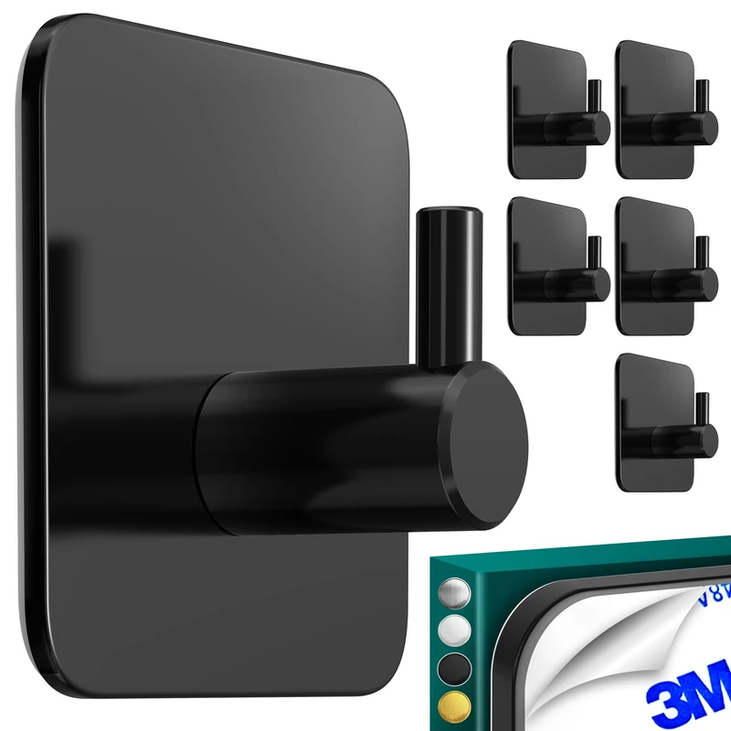 Menz Adhesive Hooks Set of 6 Black - Towel Holder without Drilling - Classic