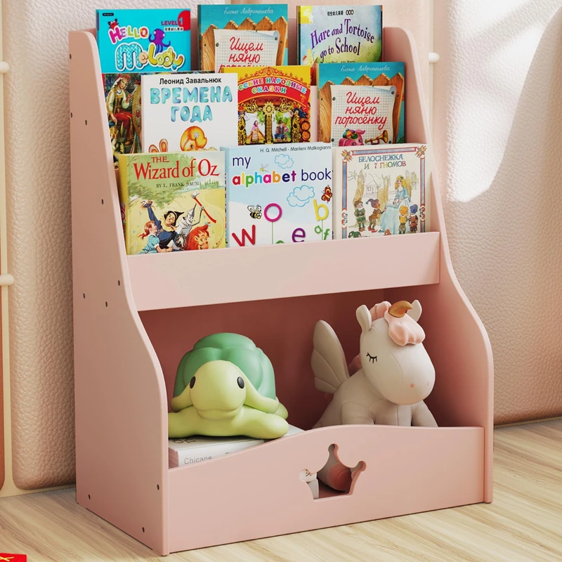 GYMAX 4-Tier Kids Bookcase, Wooden Children Bookshelf with 3 Shelves and Open Compartment, Toy Storage Organizer for Playroom Bedroom Nursery (Pink)