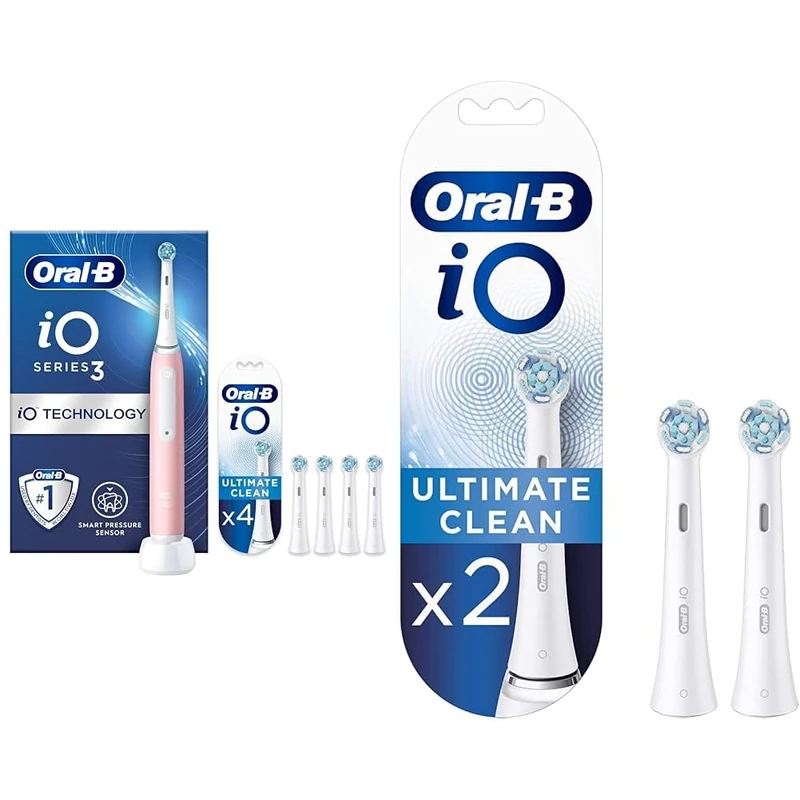 Oral-B iO3 Blush Pink + 4 Extra Ultimate Clean White Refills SIOC+Oral-B iO Ultimate Clean White Toothbrush Heads 2 Pack