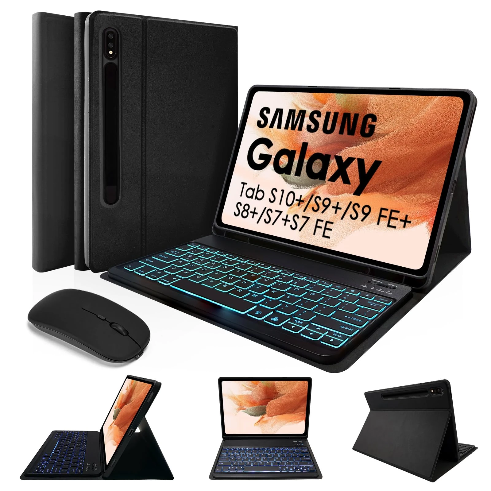 LAMA Backlit Keyboard Case and Mouse for Galaxy Tab S10 Plus/S9 Plus/S9 FE Plus/S8 Plus/S7 FE/S7 Plus 12.4 Inch, UK Layout Bluetooth Keyboard with Pen Holder Samsung Tab 12.4", Black