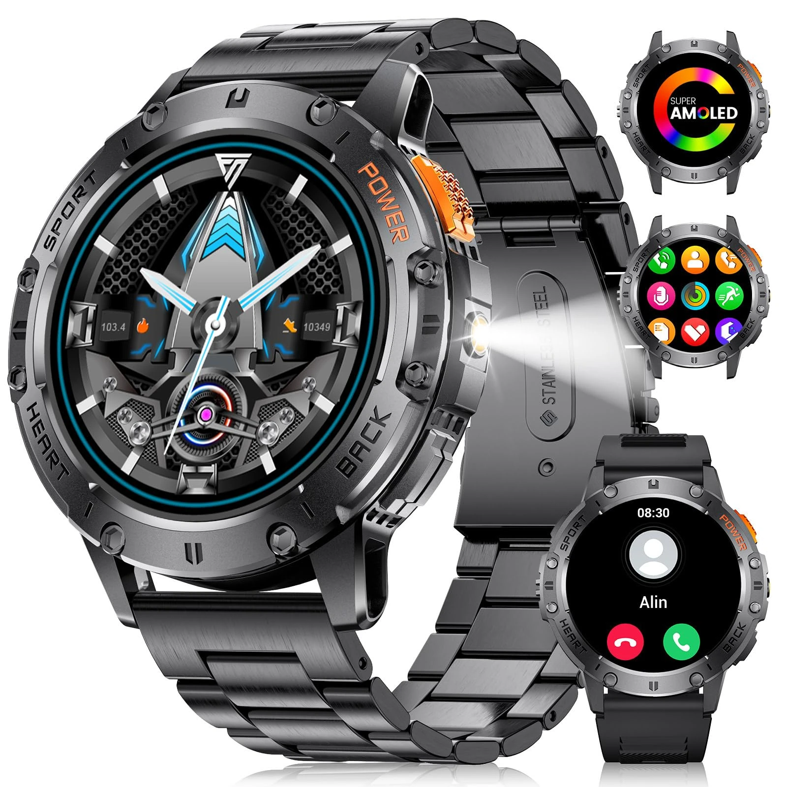 LIGE Military Smart Watch for Men with Bluetooth Call,1.43" AMOLED with LED Flashlight/530mAh,Heart Rate Sleep Health Monitor/100+ Sports Mode Tactical Fitness Tracker/IP68 Waterproof for Android iOS